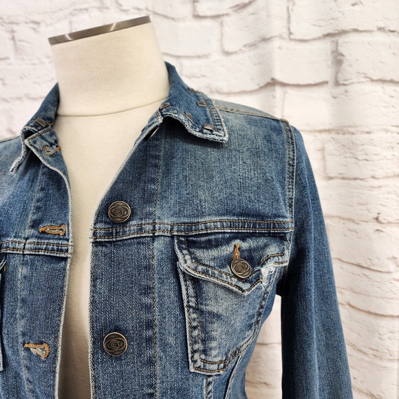 Vintage Y2K Denim Jacket Small Distressed Jean Classic Western Cowgirl Festival - Picture 3 of 10